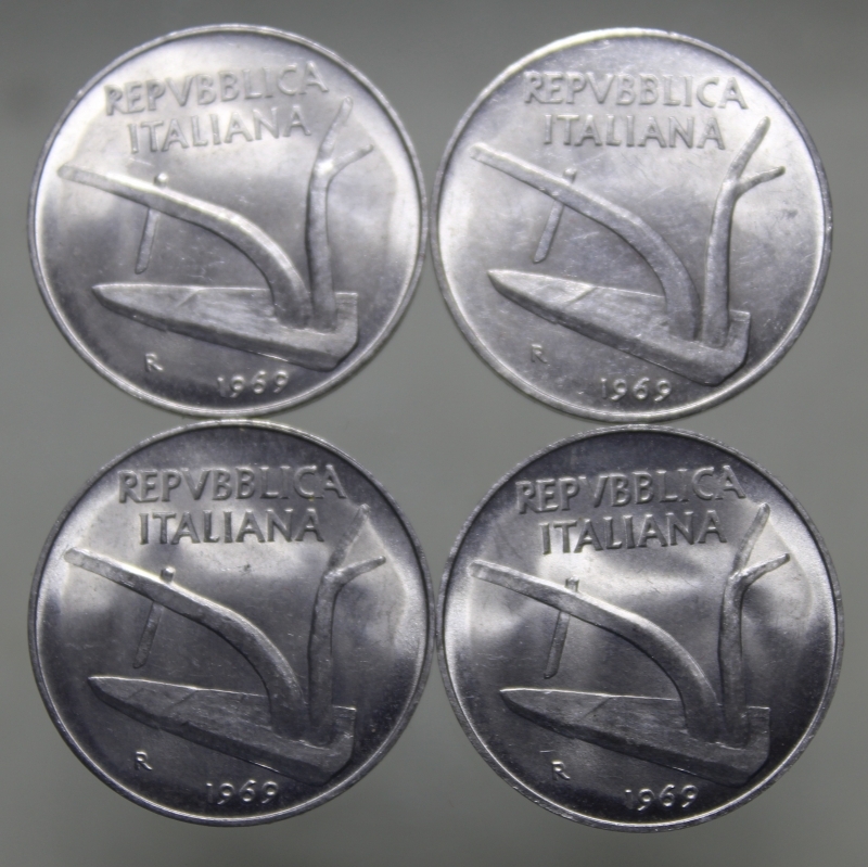 reverse: 4 MONETE DA 10 LIRE 1969 SPIGA-ITALMA-FDC