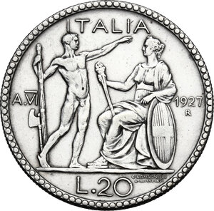 reverse: Vittorio Emanuele III (1900-1943). 20 lire 1927 A. VI