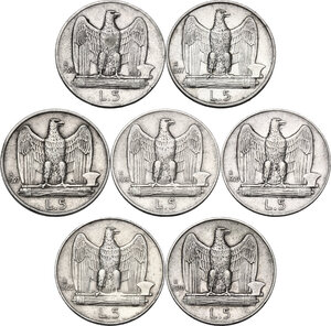 reverse: Vittorio Emanuele III (1900-1943). Lotto di sette (7) monete da 5 lire: 1926, 1927 *, 1927 **, 1928 *, 1929 *, 1929 **, 1930