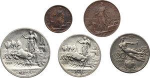 reverse: Vittorio Emanuele III (1900-1943). Serie di sei (6) monete 1910: 2, 1 lire, 20, 2, 1 centesimi