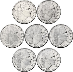 reverse: Vittorio Emanuele III (1900-1943). Lotto di sette (7) monete da 20 centesimi: 1936 (ludidata), 1939 (XVII), 1939 (XVIII), 1940, 1941, 1942, 1943