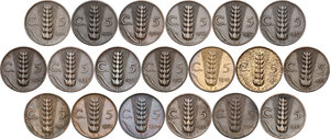 reverse: Vittorio Emanuele III (1900-1943). Serie completa di diciannove (19) monete da 5 centesimi: 1919-1937