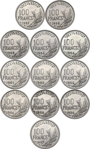 reverse: France. Fourth Republic (1947-1959). Lot of twelve (12) 100 Francs: 1954, 1954 B (2), 1955, 1955 B, 1956 (2), 1956 B, 1957, 1957 B, 1958 and 1958 B