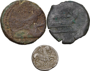 reverse: Hispania and Roman Republic. Multiple lot of three (3) unclassified coins : Hispania, Bolskan, AR (?) Denarius (ancient forgery?), L. Piso Frugi, AE As (rare), Sextus Pompeius, AE As