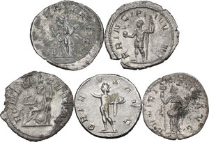 reverse: The Roman Empire.Multiple lot of five (5) unclassified AR Antoniniani of Gordian III, Philip I, Philip II, Herennius Etruscus and Postumus