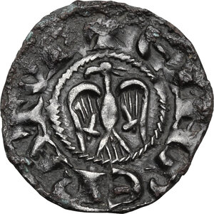 reverse: Messina. Enrico VI (1194-1197) con il figlio Federico di Svevia (1196). Denaro, 1196-1197