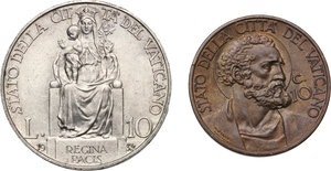 reverse: Roma. Pio XI (1922-1938), Achille Ratti. 10 Lire A. XI, 1932 e 10 Centesimi A. XIV, 1935