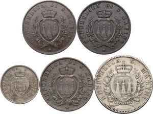 obverse: San Marino. Vecchia Monetazione (1864-1938).Lotto di cinque (5) monete: 2 lire 1906, 50 centesimi 1898, 5 centesimi 1864, 1869, 1894