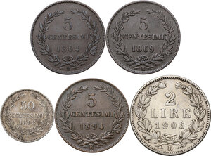 reverse: San Marino. Vecchia Monetazione (1864-1938).Lotto di cinque (5) monete: 2 lire 1906, 50 centesimi 1898, 5 centesimi 1864, 1869, 1894
