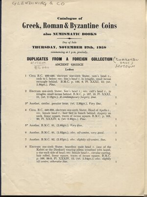 obverse: GLENDINING & CO.. London, 27 – November,  1958. Catalogue of greek, roman & byzantine coins. Collection Dumbarton Oaks. Pp. 44, nn. 387, tavv. 5. Ril. cartoncino, importante vendita. Spring, 238.
