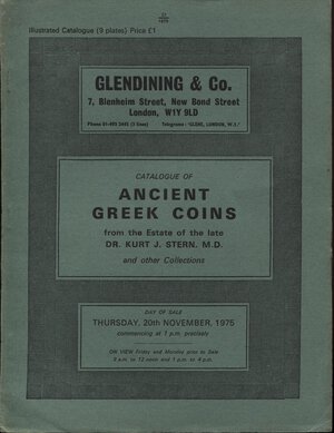 obverse: GLENDINING & CO. – London, 20 – November, 1975. Collection Kurt  J. Stern. Ancient greek coins.  Pp. 20,  nn. 801 – 965,  tavv. 9. Ril. ed. lista prezzi val. e agg. buono stato.