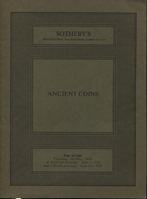 obverse: SOTHEBY’S. London, 3 – May – 1984.  Ancient coins; contiene 18 lotti ( Copy electrotype) di proprietà del British Museum. . Nn. 420, tavv. 10. Ril. editoriale, buono stato, lista prezzi Agg.