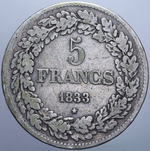 reverse: BELGIO LEOPOLDO PREMIER 5 FRANCHI 1833 STELLINA AG. 24,44 GR. BB