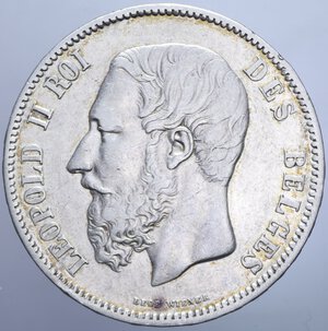 obverse: BELGIO LEOPOLDO II 5 FRANCHI 1869 AG. 24,82 GR. BB