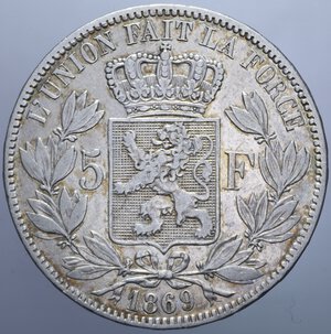 reverse: BELGIO LEOPOLDO II 5 FRANCHI 1869 AG. 24,82 GR. BB