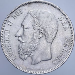 obverse: BELGIO LEOPOLDO II 5 FRANCHI 1873 AG. 25 GR. BB-SPL