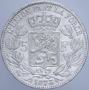 reverse: BELGIO LEOPOLDO II 5 FRANCHI 1873 AG. 25 GR. BB-SPL