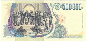reverse: Banconote. Repubblica Italiana. 500.000 Lire Raffaello. D.M. 13 maggio 1997. 
