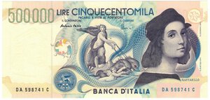 obverse: Banconote. Repubblica Italiana. 500.000 Lire Raffaello. D.M. 13 maggio 1997. 