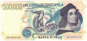 obverse: Banconote. Repubblica Italiana. 500.000 Lire Raffaello. D.M. 13 maggio 1997. 