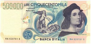 obverse: Banconote. Repubblica Italiana. 500.000 Lire Raffaello. D.M. 13 maggio 1997. Gig. BI 86A. 