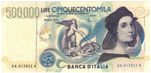 obverse: Banconote. Repubblica Italiana. 500.000 Lire Raffaello. D.M. 13 maggio 1997. Serie Sostitutiva  XA..A. 