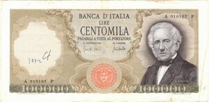 obverse: Banconote. Repubblica Italiana. 100.000 Lire Manzoni. D.M. 19 luglio 1970. 
