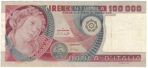 obverse: Banconote. Repubblica Italiana. 100.000 Lire Botticelli. D.M. 20 Giugno 1978. 