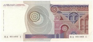 reverse: Banconote. Repubblica Italiana. 100.000 Lire Botticelli. D.M. 1 Luglio 1980. 