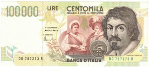 obverse: Banconote. Repubblica Italiana. 100.000 Lire Caravaggio. 2° Tipo. 