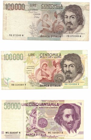obverse: Banconote. Repubblica Italiana. Lotto di 3 pezzi. 100.000 Lire 1°e 2° Tipo. 50.000 Lire 2°tipo. 