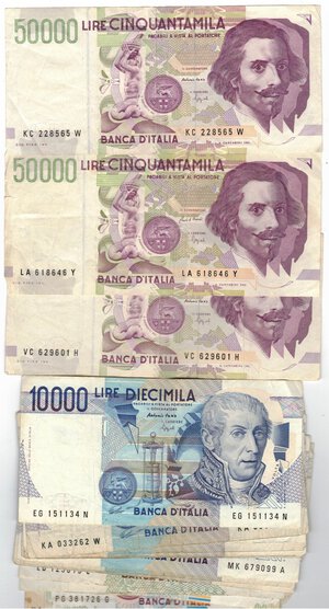 reverse: Banconote. Repubblica Italiana. Lotto di 28 Pezzi. 100.000, 50.000, 10.000, 5.000, 2.000, 1.000 Lire. 