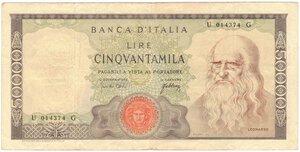 obverse: Banconote. Repubblica Italiana. 50.000 Lire Leonardo. D.M. 3 Luglio 1967. 