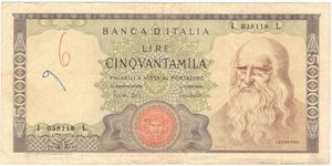 obverse: Banconote. Repubblica Italiana. 50.000 Lire Leonardo. D.M. 19 Luglio 1970. 