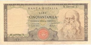 obverse: Banconote. Repubblica Italiana. 50.000 Lire Leonardo. D.M. 16 maggio 1972. 