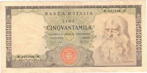 obverse: Banconote. Repubblica Italiana. 50.000 Lire Leonardo. D.M. 16 maggio 1972. 