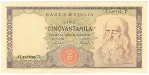 obverse: Banconote. Repubblica Italiana. 50.000 Lire Leonardo. D.M 4 Febbraio 1974. 