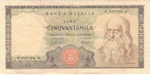 obverse: Banconote. Repubblica Italiana. 50.000 Lire Leonardo. D.M. 4 Febbraio 1974. 