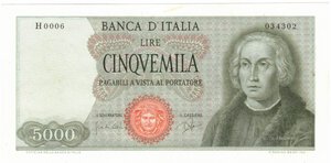 obverse: Banconote. Repubblica Italiana. 5.000 Lire Colombo. 1° Tipo. D.M. 3 Settembre 1964. 