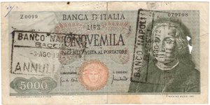 obverse: Banconote. Repubblica Italiana. 5.000 Lire Colombo. Falso D epoca con Annullo Banco di Napoli.