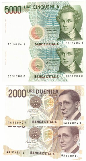 obverse: Banconote. Repubblica Italiana. Lotto di 10 pezzi. 5.000, 2.000, 1.000 Lire. 