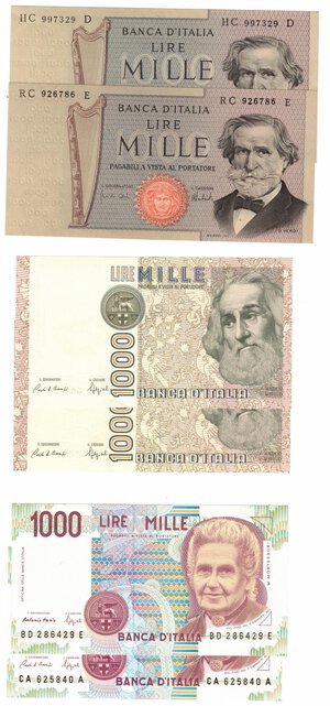 reverse: Banconote. Repubblica Italiana. Lotto di 10 pezzi. 5.000, 2.000, 1.000 Lire. 