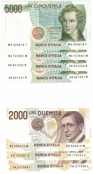 obverse: Banconote. Repubblica Italiana. Lotto di 7 pezzi da 5.000 lire Bernini e 2.000 lire Marconi. 