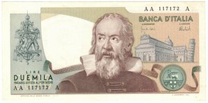 obverse: Banconote. Repubblica Italiana. 2.000 Lire Galileo Galilei. Tripla A. 
