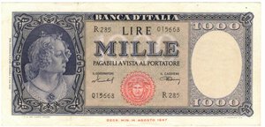 obverse: Banconote. Repubblica Italiana. 1.000 lire Italia. (Medusa). D.M. 11 febbraio 1949. 