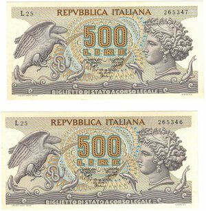 obverse: Banconote. Repubblica Italiana. Lotto di 2 pezzi. 500 Lire Aretusa. D.M. 31 Marzo 1966. 