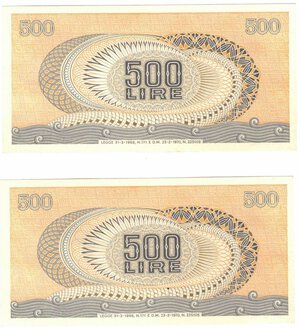 reverse: Banconote. Repubblica Italiana. Lotto di 2 pezzi. 500 Lire Aretusa. D.M. 31 Marzo 1966. 