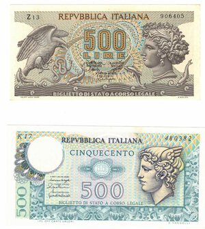 obverse: Banconote. Repubblica Italiana. Lotto di 2 pezzi. 500 Lire Aretusa e Mercurio. 