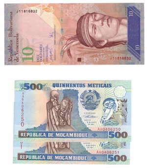 reverse: Banconote. Lotto di 9 pezzi. Transistria, Mozambico, Tanzania, Venezuela. 