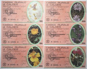 obverse: Miniassegni. Cassa Rurale di Caldes. 2 Serie complete da 6 pezzi da 100, 150, 200, 250, 300 e 350 Lire. Totale 12 pezzi. 